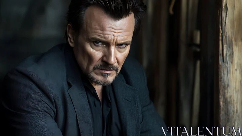 Middle aged man in dark blazer against wooden interior wall.