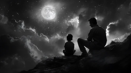 Monochrome father and child silhouette under luminous full moon.