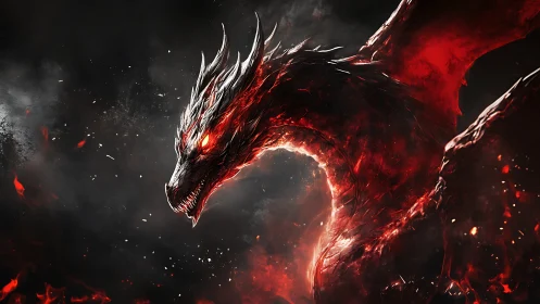 Infernal crimson dragon twisting through burning smoke.