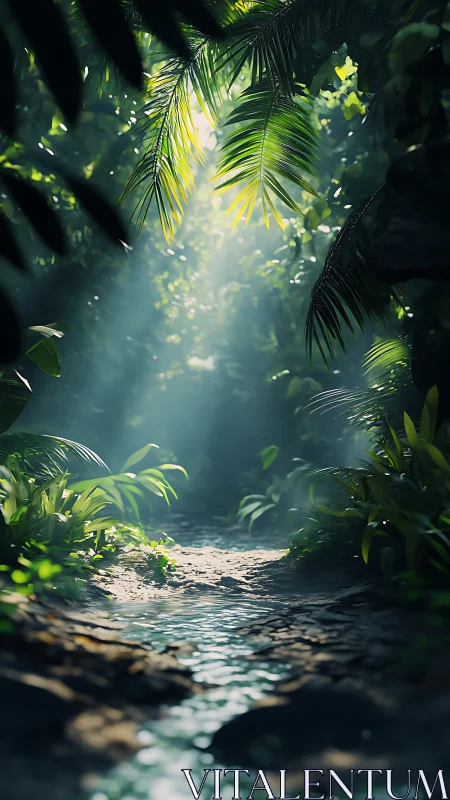 Luminous Jungle Portal: Where Dappled Sunbeams Kiss the Sacred Stream.