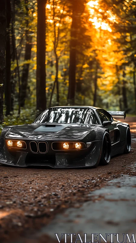 Low-slung BMW sports car powers through sunlit forest road