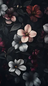 Dark Botanical Study: Luminous Petals Against Black Nocturnal Foliage.