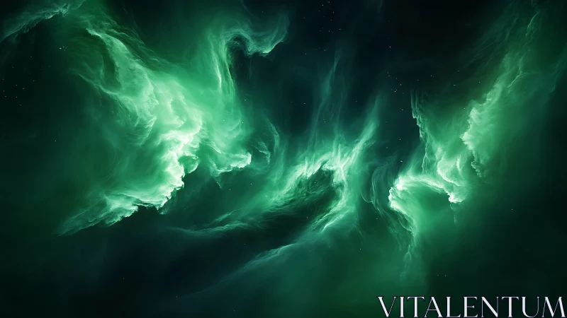 Emerald cosmic nebula swirling through deep space glow.