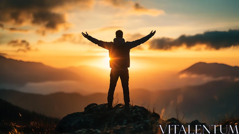 Silhouetted figure on mountain ridge at radiant sunrise horizon.