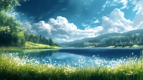 Gentle summer lake cradled by sunlit hills and clouds.