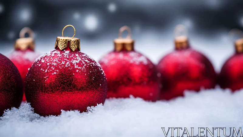 Crimson Christmas baubles resting in fresh winter snow.