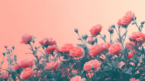 Soft-focus carnation blooms bathed in peachy sunset glow.