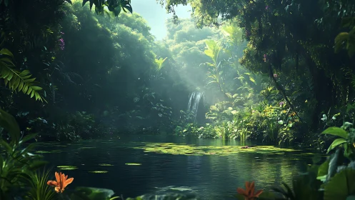 Lush tropical lagoon with floating lily pads and distant waterfall