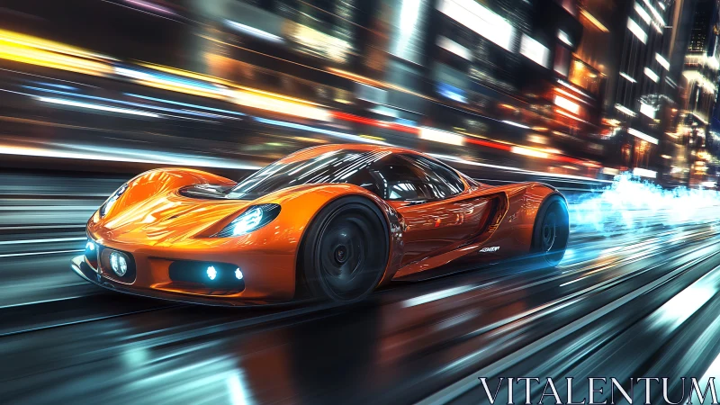 Orange futuristic sports car races through neon city street