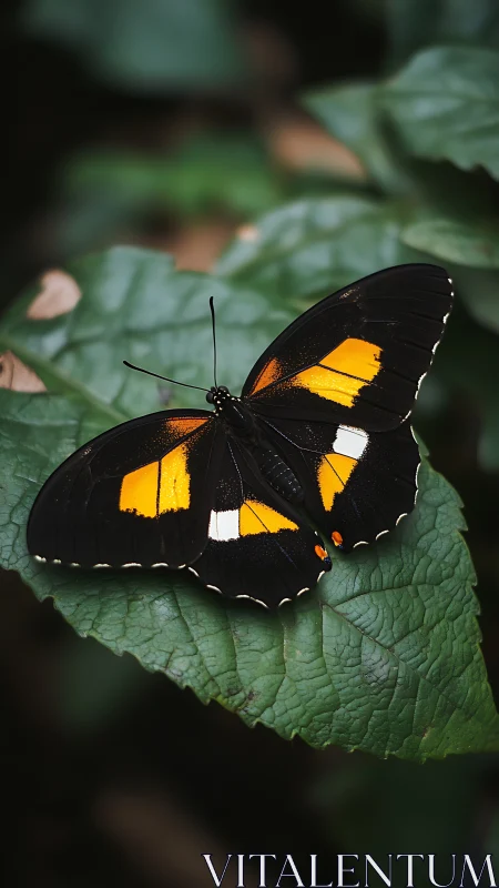 Black butterfly with amber wings rests on vivid green leaf.