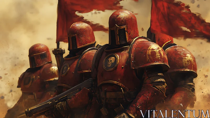 Armored red space marines advance through burning dust storm