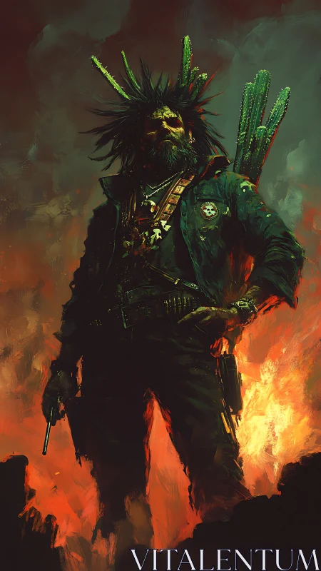 Postapocalyptic gunslinger with cactus pack amid inferno