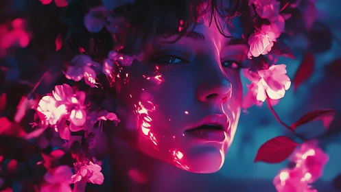 Neon blossom muse wrapped in electric twilight petals.