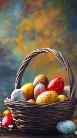 Colorful speckled Easter eggs fill rustic wicker basket.