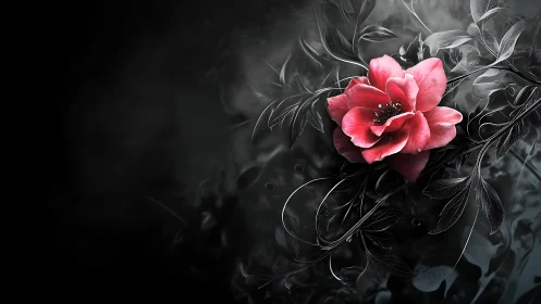 Crimson Bloom Against Monochromatic Garden.