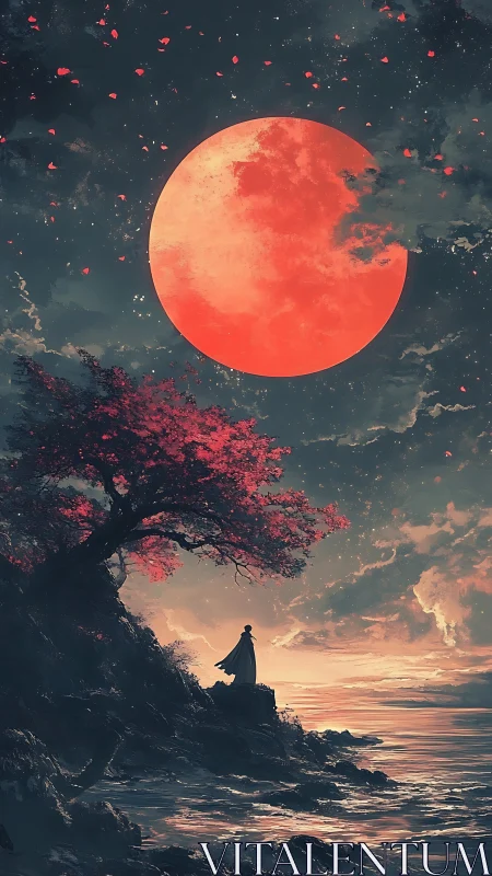 Cloaked figure studies oversized red moon above turbulent shoreline