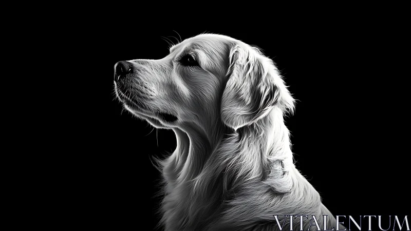 Gentle golden retriever in soft side-lit black and white profile.