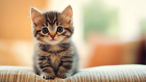 Tabby Kitten Seated on Fabric Surface with Neutral Background
