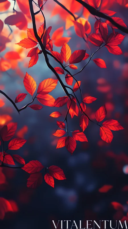 Crimson leaves drifting through twilight&rsquo;s quiet hush.