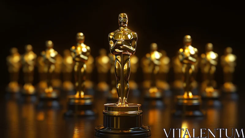 Golden award trophies shine proudly in dramatic studio light