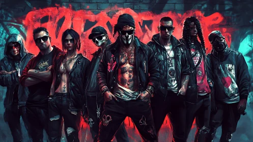 Street gang stands united before neon graffiti wall in defiance