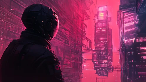 Astronaut observes dense neon cityscape in luminous pink light