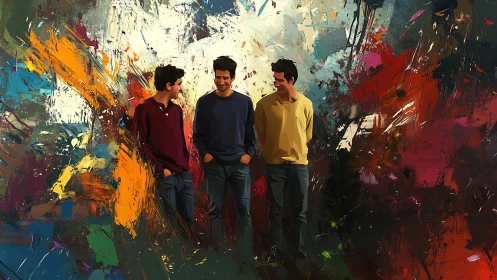 Three young men against vivid abstract painted backdrop.