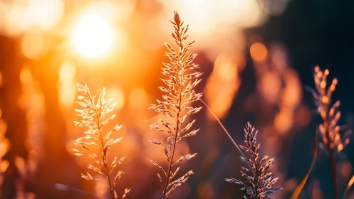 Golden sunset grasses glow in warm evening backlight.