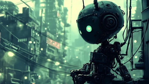 Gentle robot gazes over neon city in quiet, misty calm
