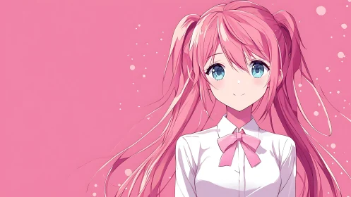 Sweet pink haired anime girl with bright, gentle blue eyes.