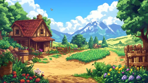 Sunlit pixel farmhouse hums softly beneath the blue mountains