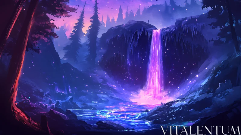 Luminescent waterfall dreaming under violet forest skies.