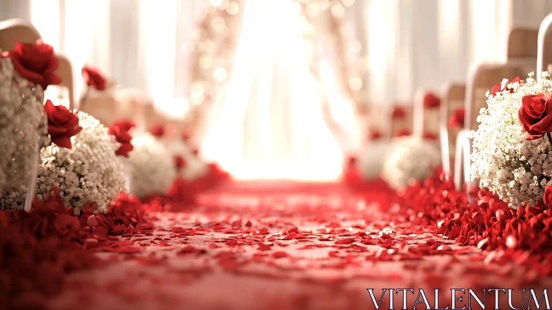 Romantic rose petal aisle glowing with soft wedding light.