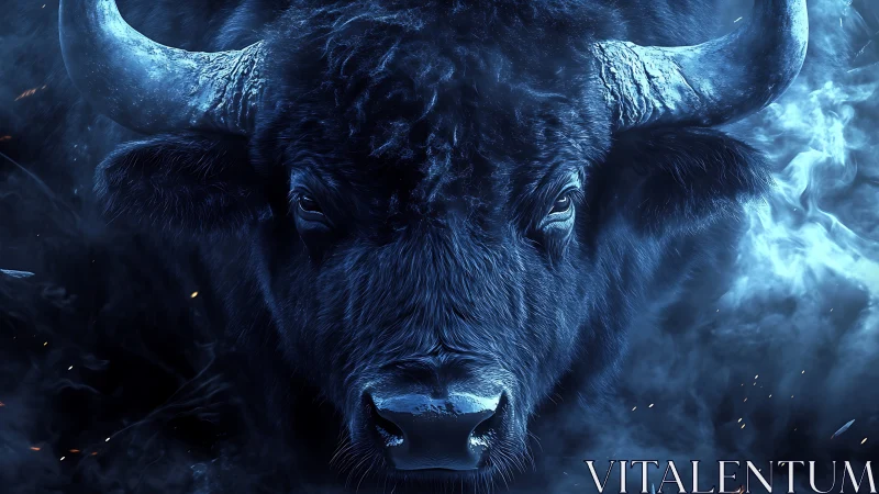 Nocturnal bison head in blue atmospheric particulate haze.