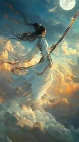 Sky warrior in flowing white robes under full moon.