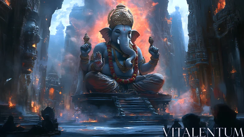 Colossal Ganesha idol amid burning temple ruins at dusk.