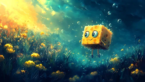 Sunny sponge character wanders through glowing flower meadow