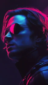 Neon-lit portrait of a cool man in sunglasses exudes mystery