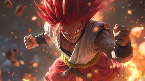 Fiery anime warrior charges forward through exploding debris