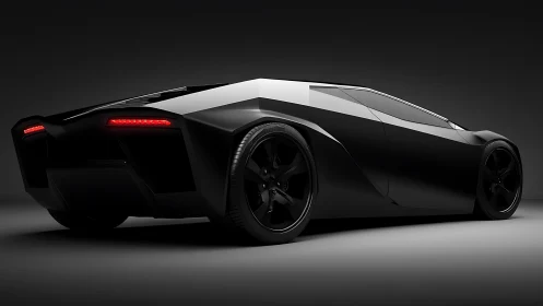 Low rear three quarter view shows angular black concept car