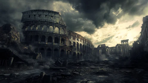 Ruined colosseum and surrounding structures under storm clouds.