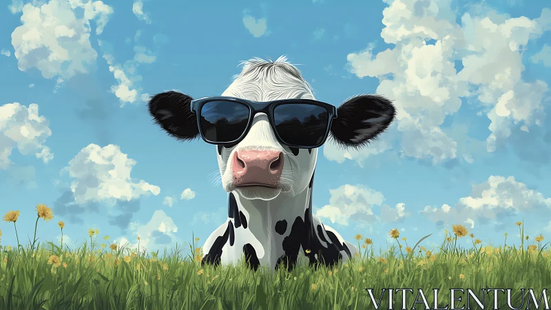 Cool Holstein cow in sunglasses amid bright dandelion meadow.