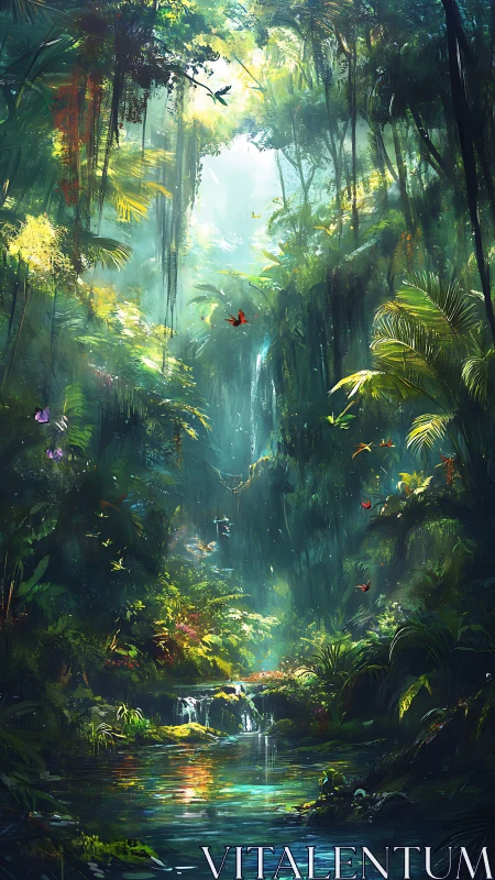 Volumetric light penetrates dense rainforest canopy over reflective stream