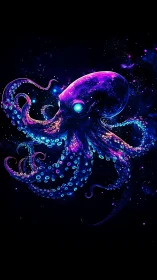 Neon bioluminescent octopus floating in deep space.