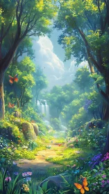 Enchanted Forest Valley with Waterfall and Butterflies