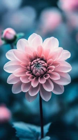 Soft pink dahlia blooms against cool teal blurred garden