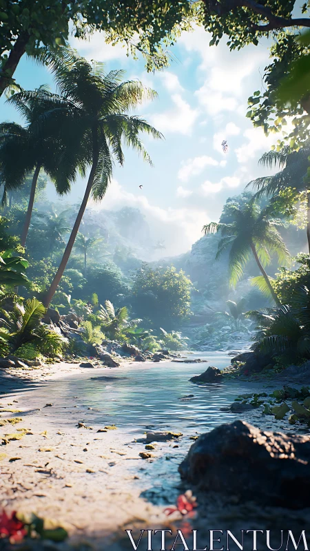 Tropical River Valley with Palm Canopy and Misty Mountain Vista