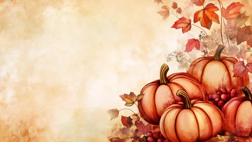 Autumn harvest pumpkins with botanical border composition.