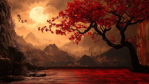 Red tree dominates a stylized mountain landscape at sunset