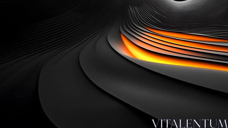 Abstract black layered waves with glowing orange highlights, modern digital art.